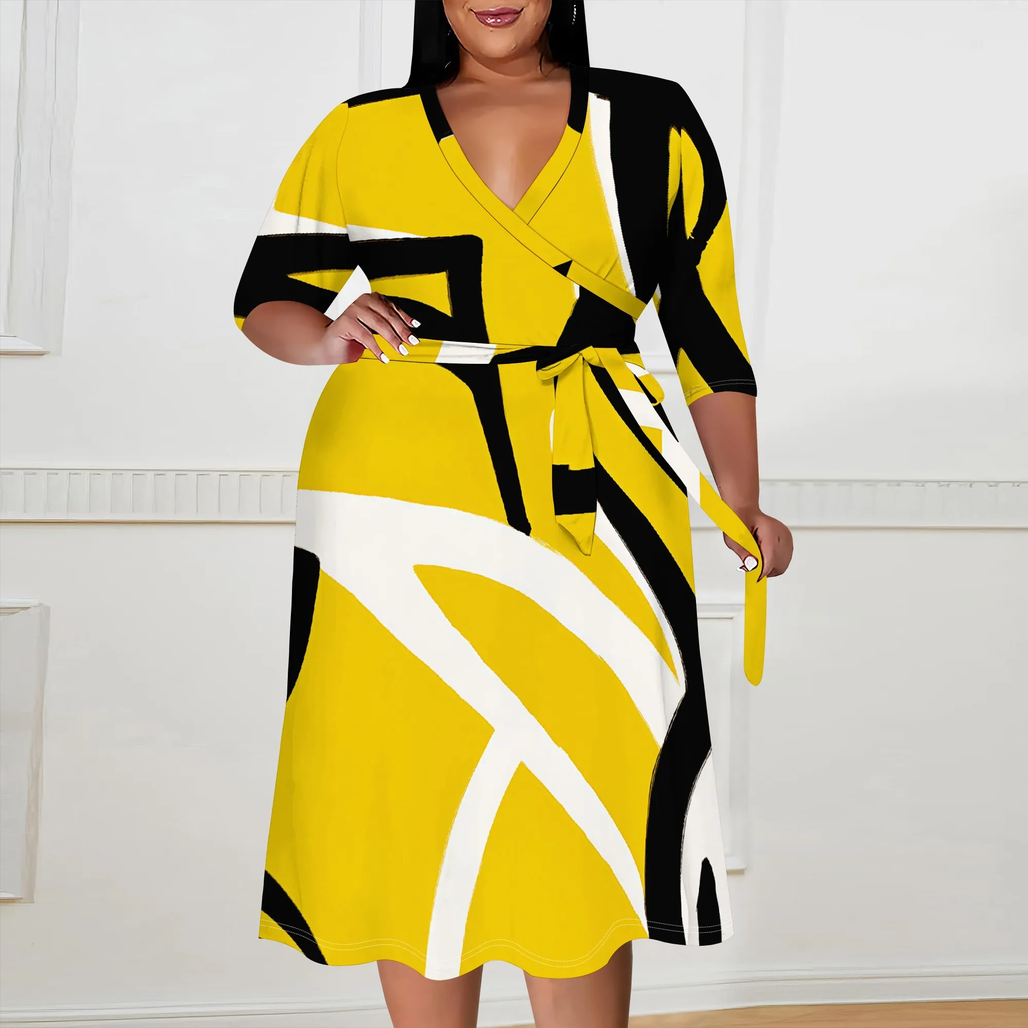 

Abstract Yellow Print Women's Maxi Dress XL-6XL, V-Neck Casual Summer Dress with Belt, Bold Black & White Lines