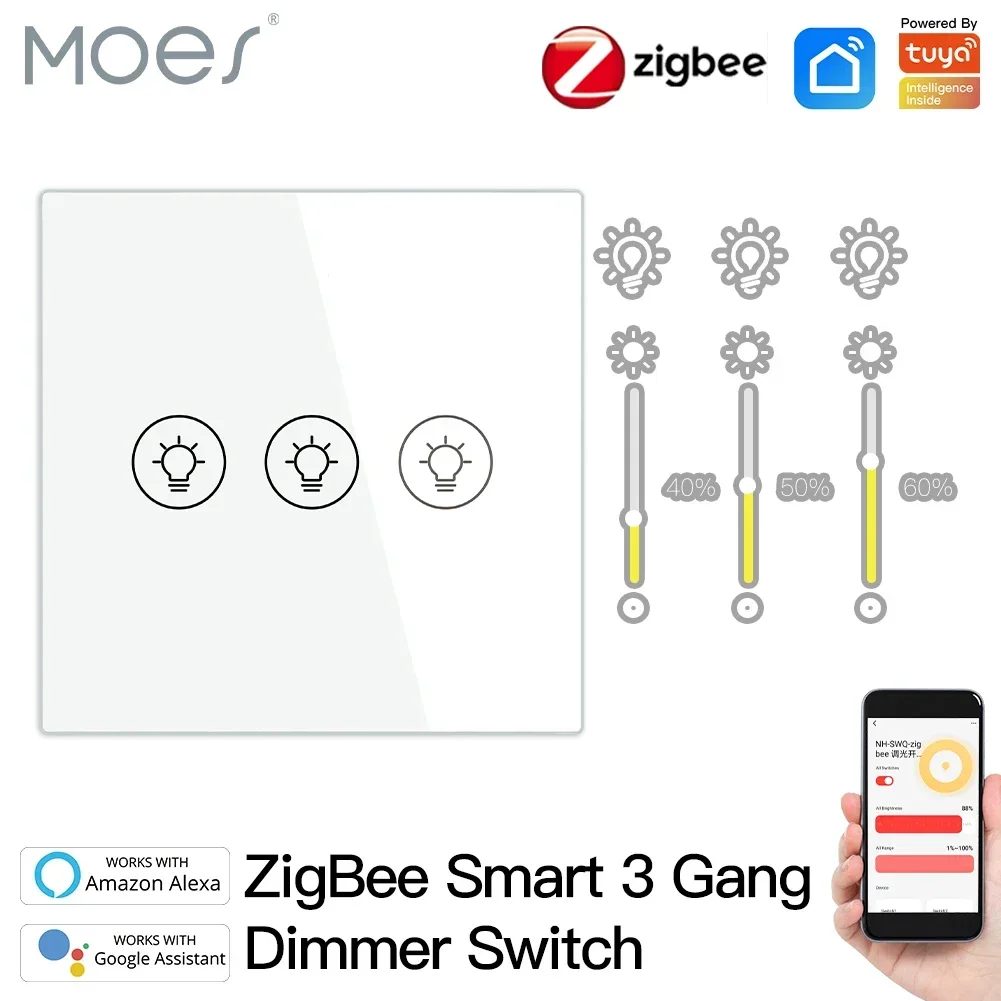 ZigBee Multi-gang Smart Light Dimmer Switch Independent Control Smart Tuya APP Control Works with Alexa Google Home 1/2/3 Gang