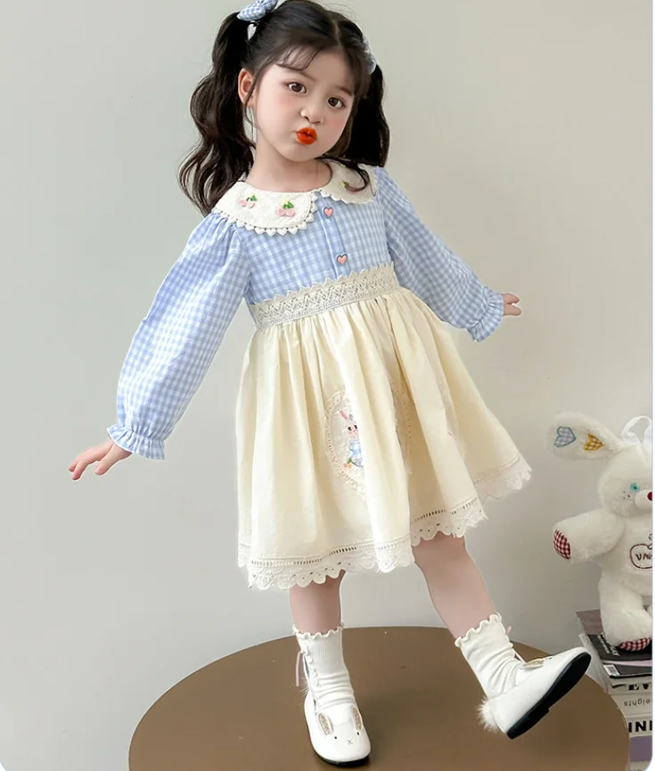 فستان كارتون منقوش باللون الأزرق بأكمام طويلة للأطفال حديثي الولادة، فساتين حفلات على الموضة للأميرة للأطفال 2-7 T