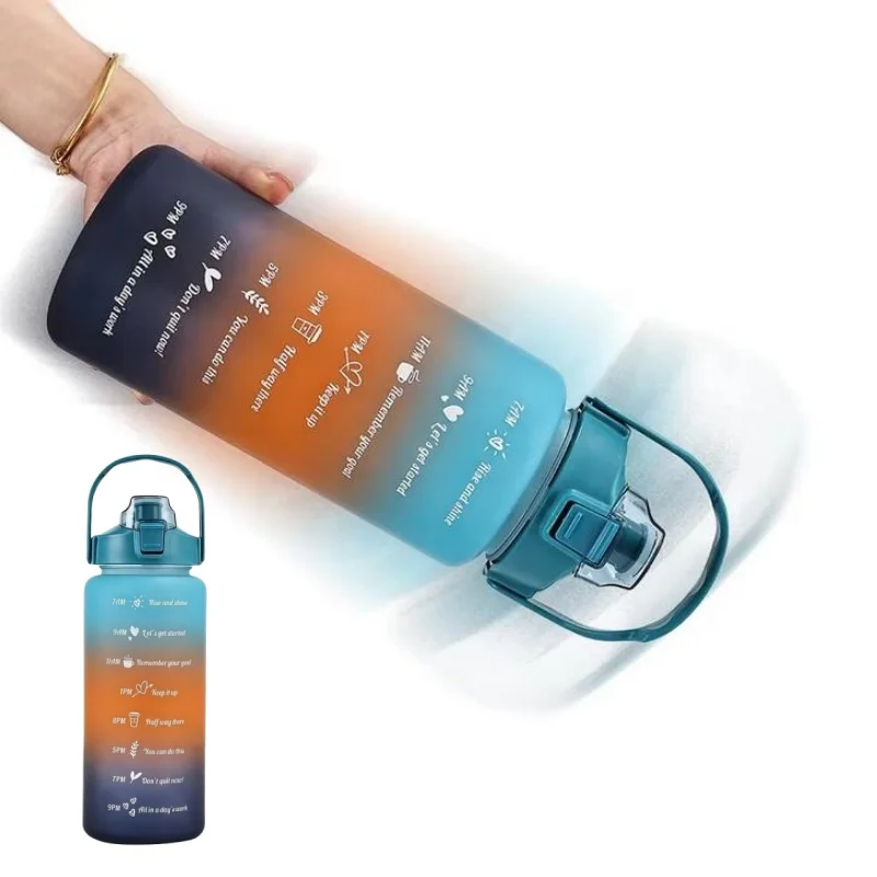Botella de agua de gran capacidad para exteriores, 2L, taza de plástico, cubierta de rebote, taza de paja portátil a prueba de fugas, marcador de tiempo, botellas de gimnasio con gradiente