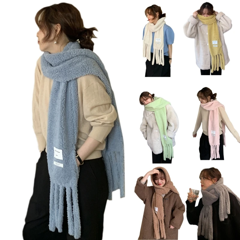 

Neck Warmers With Tassels For Women Plush Scarf With Pocket Solid Color
