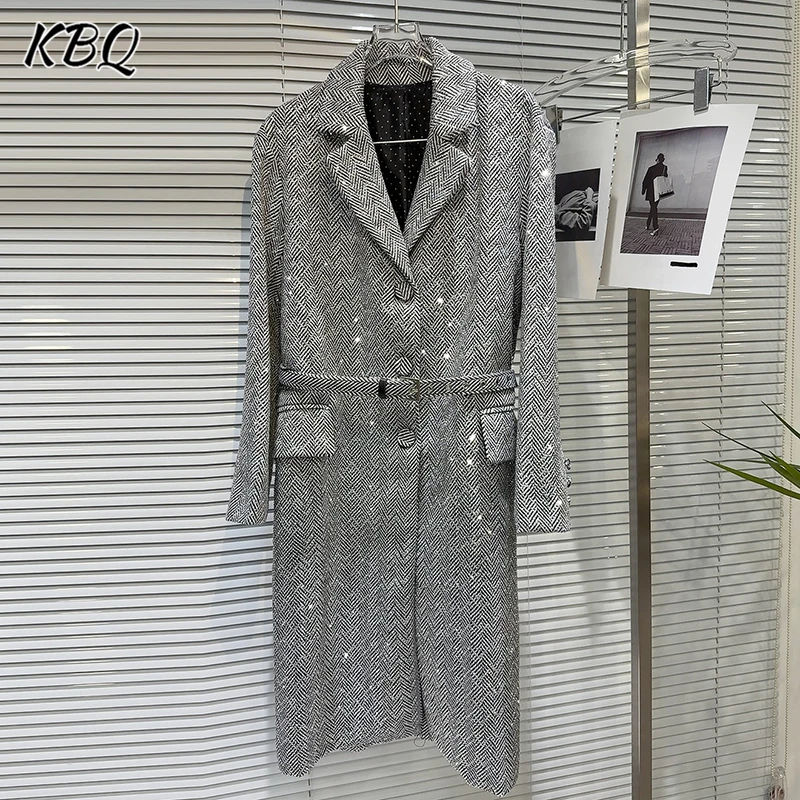 

KBQ Colorblock Temperament Patchwork Pockets Windbreaker For Women V Neck Long Sleeve Spliced Single Breasted Long Coats Female