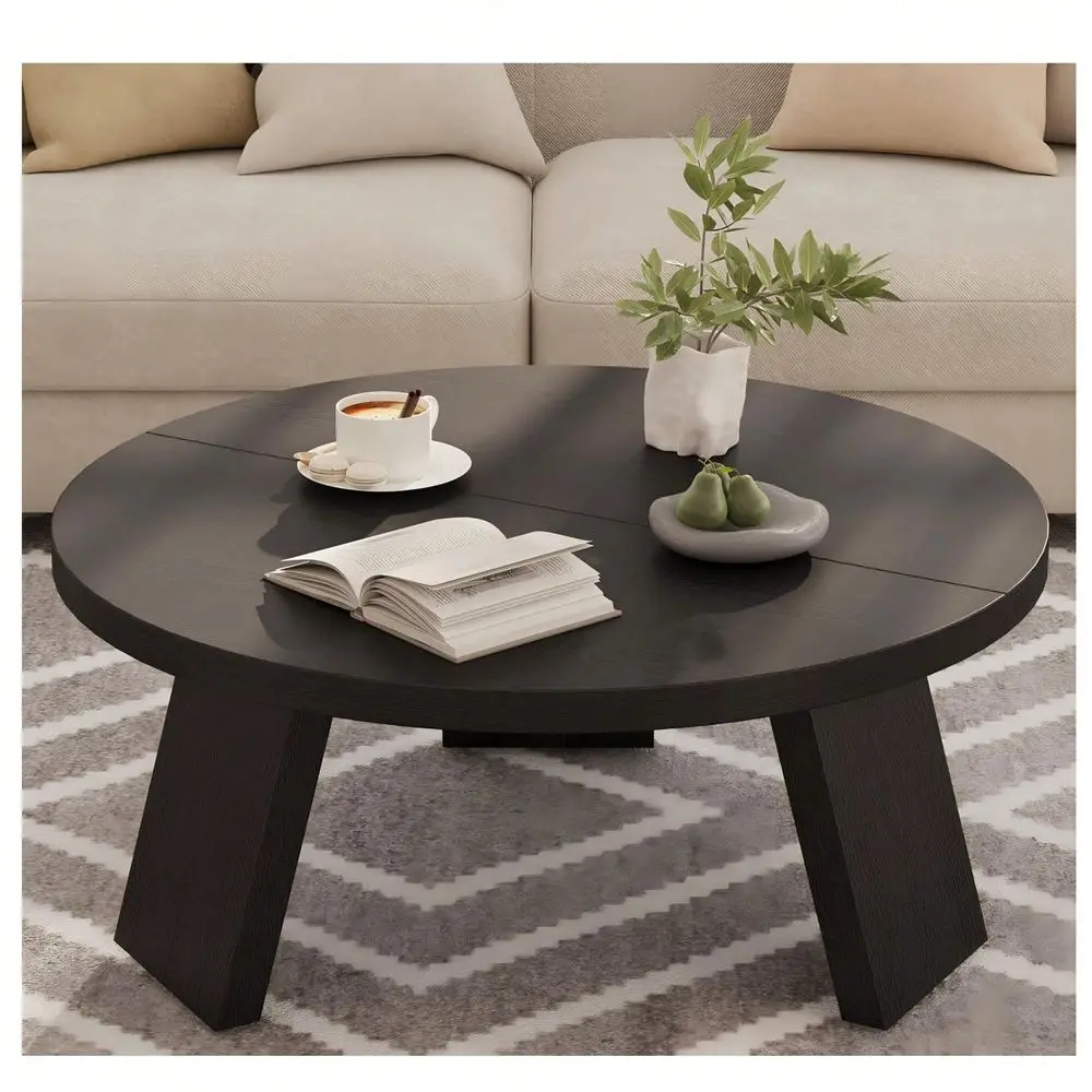 

33.5 Modern Round Coffee Table, Wooden Center Table, Sofa Side Table With Inclined Legs, Accent Cocktail End Table For Living R