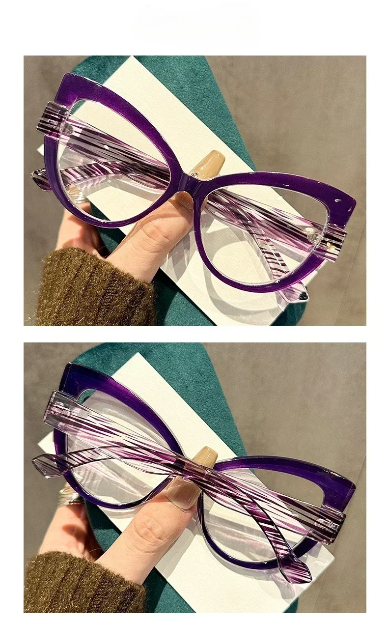 Personalisierte, farbblockierte Katzenaugen-Lesebrille mit großem Rahmen, blaues Licht blockierender Augenschutz, Reise-Strandbrille – Detail 8