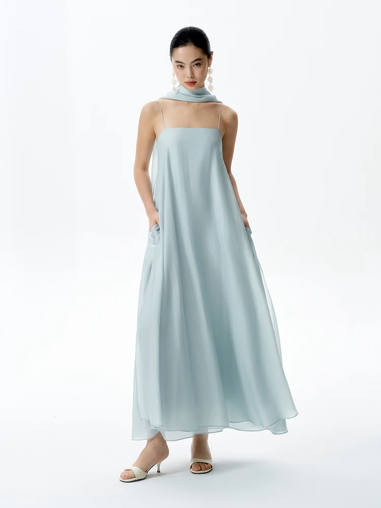 TANSSHOP Vestido sin Tirantes con Fajín Desmontable, Azul Niebla y Blanco, Falda Larga con Gran Vuelo, Vestido de Noche para Fiesta, para Mujer