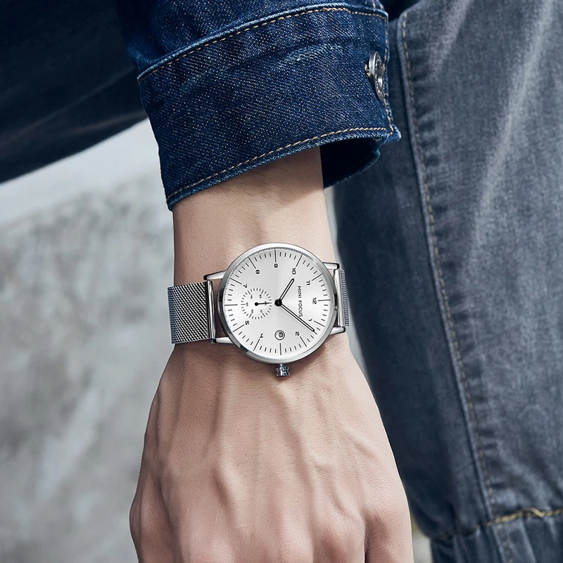 Mini Focus MF0303G ساعة الموضة الطلب الكبير شبكة فضية سوار فولاذي مقاوم للماء التقويم رجال الأعمال التناظرية ساعات الكوارتز