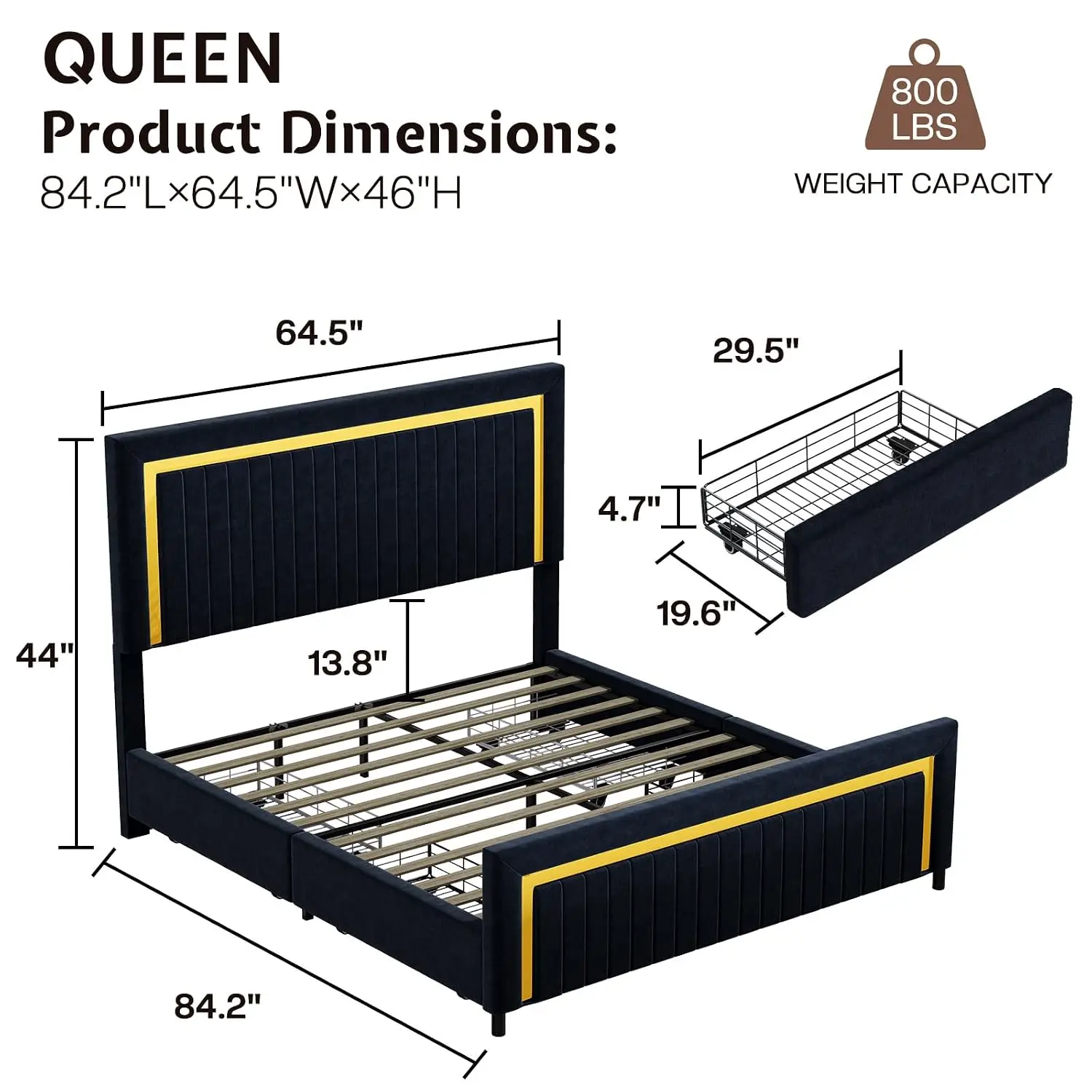Queen Size Velvet Upholstered LED Storage Bed Frame, Black | Platform Bedframe, 4 Storage Drawers, Channel Tufted, Customized