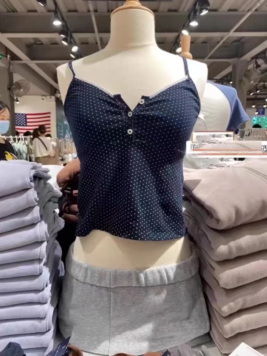 توب قصير بدون أكمام بياقة دانتيل كلاسيكية ونقشة البولكا دوت، ملابس داخلية بخصر مرتفع، توب صيفي بنمط براندي بي إم من مزيج القطن