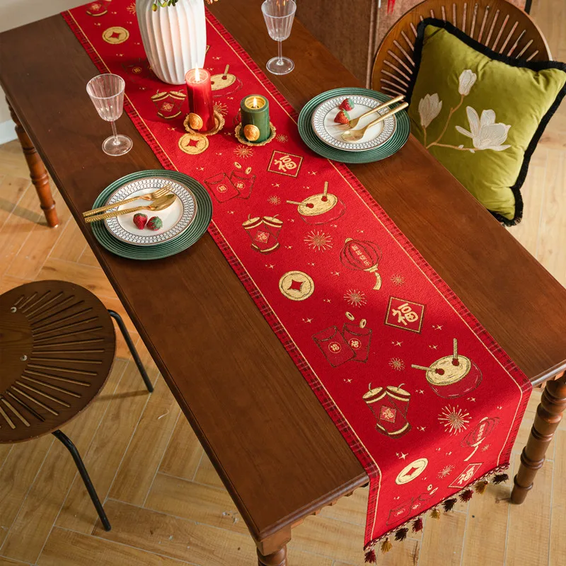 

Chinese Style Tablecloth with Dyed Jacquard and Festive New Year Red Envelopes and Lucky Tassels for Home Use