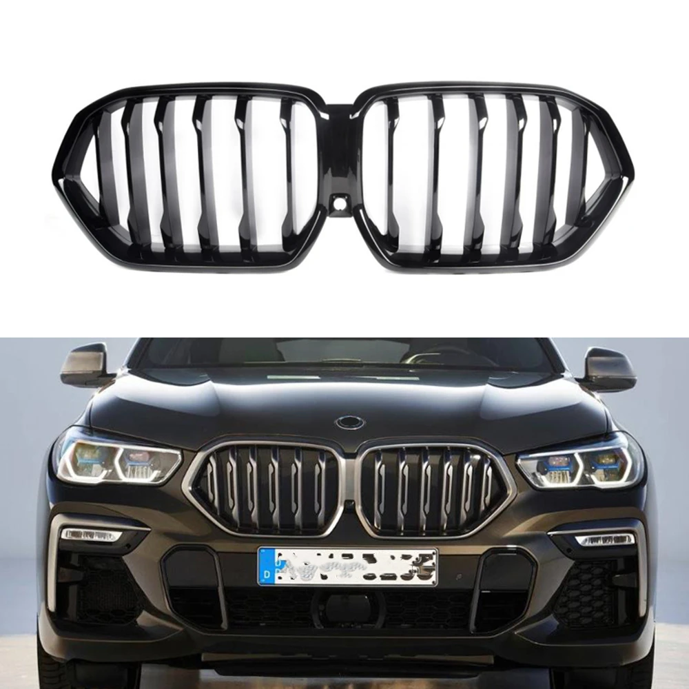 

Передняя решетка для радиатора для BMW X6 G06 и X6M F96 SUV 2020 2021 2022 2023, Черный Автомобильный верхний бампер, стандартная сетка, Однолинейный комплект