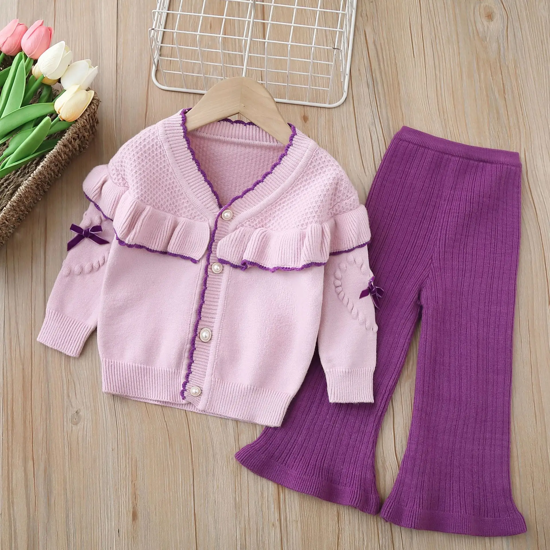 

1-6Y Girls Sweater Sets Ruched V-Neck One Breasted Cardigan Coat+High Waist Solid Flare Pants 2Pcs Kids Spring Autumn Clothes