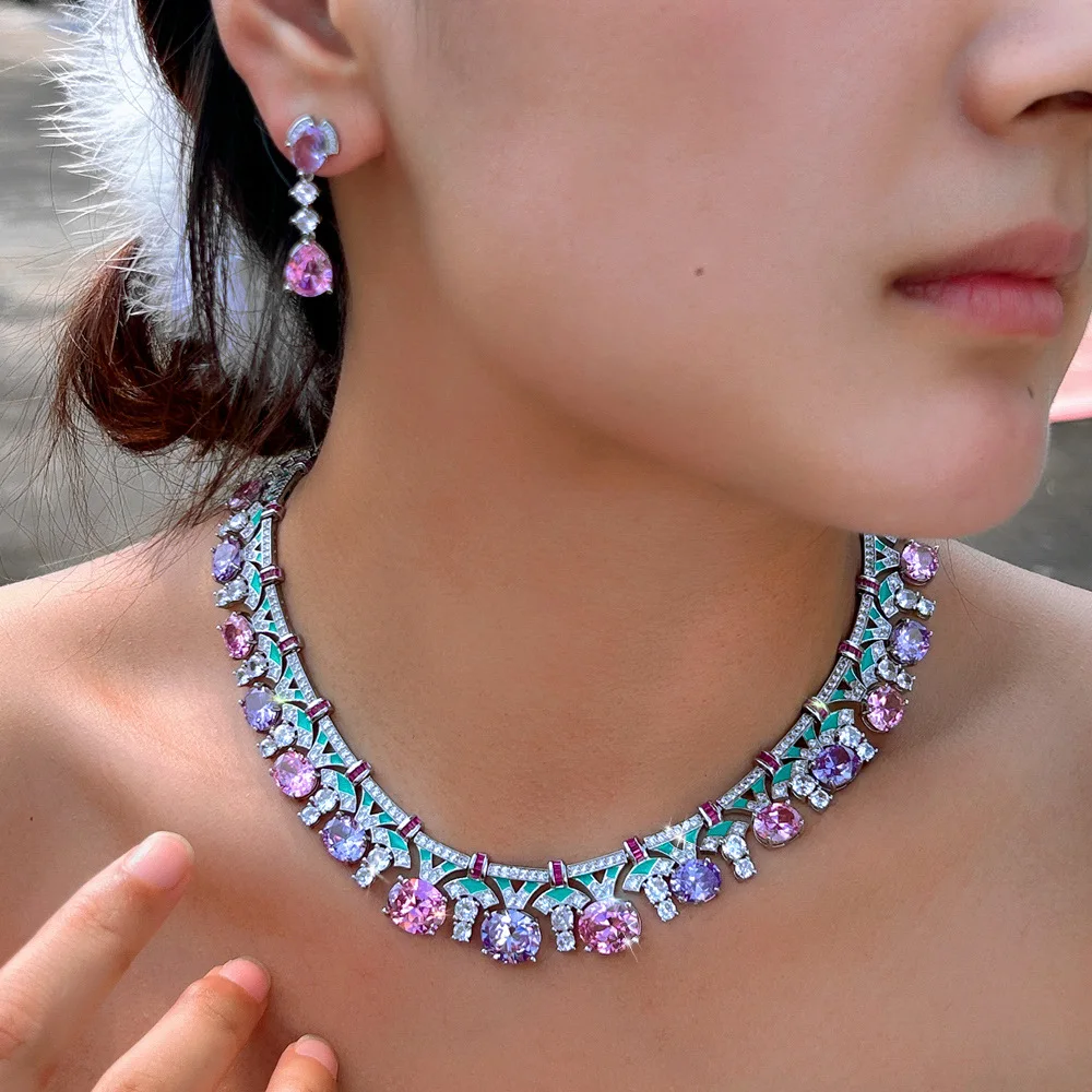 

Luxury Colorful Crystal Zircon Necklace Earrings Set Elegant Statement Jewelry for Wedding Banquet Women Accessory Party Gift