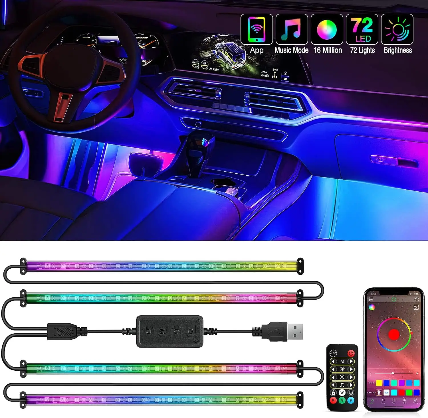 

72 LED USB RGB Interior Strip Lights with App Remote, Music Sync for Cars & Trucks