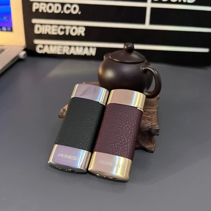 

HONEST Leather Splicing Metal Gas Lighter Creative Retro Old Fashioned Grinding Wheel Ignition Open Flame Cigarette Lighting