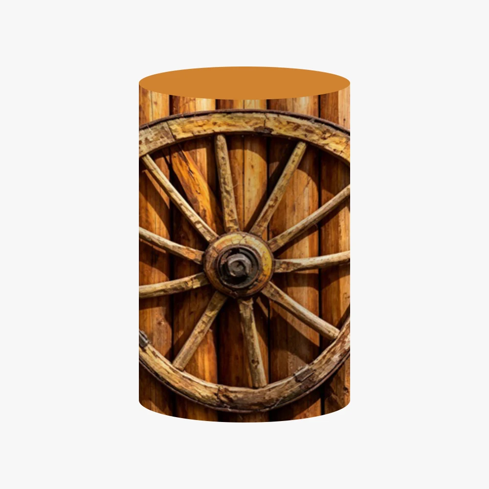 Vintage Western Cowboy Cylinder Backdrop Cover  Wooden Barrel Wheel Adult Kids Birthday Party Decoration Pedestal Plinth Cover