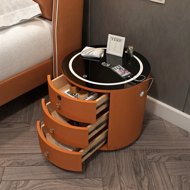 

Nordic Multifunctional Nightstands Modern Round Cute Smart Bedside Table With Wireless Charger Lock Nachttisch Home Furniture