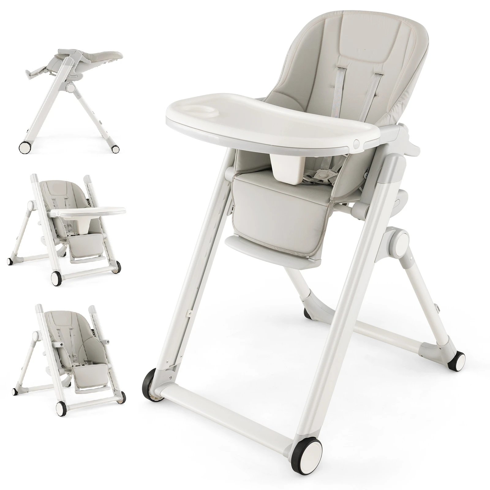 GOFLAME Foldable Baby High Chair Feeding Chair With Recline Backrest Detachable Trays