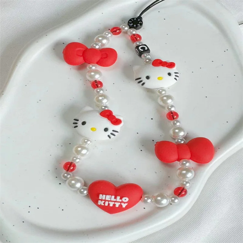 Lovely Sanrio Hello Kitty Doll Pearl Keychain Mobile Phone Ccd Anti Loss Rope Dyi Jewelry Pendant Portable Strap Accessory Gifts