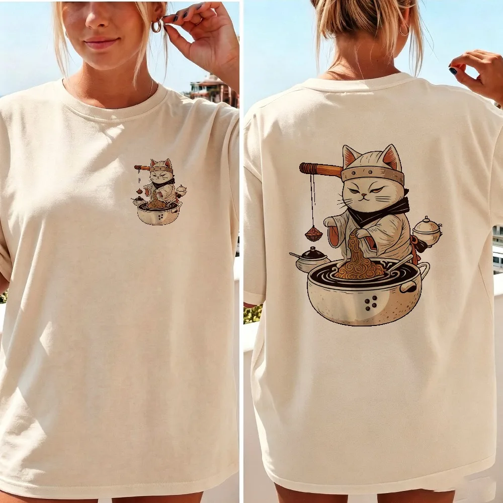 Women Japanese Samurai Ninja Cat Cooking Ramen T Shirt Vintage Ukiyo-e Warrior Kitty Noodle Cotton Oriental Food Lover Tops Tee
