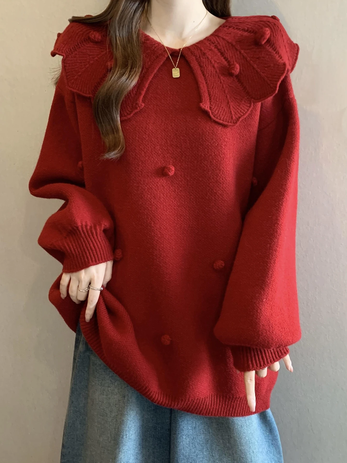 

Red Cisas New Year Doll Collar Knitted Sweater Women's Sle Spring New plus Size Large MM Mid-Length Knitwear Top