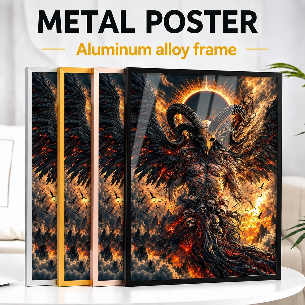 Dark Demon Lord Under Solar Eclipse Framed Metal Print Personalized Painting Style Wall Art For Games Room, Fantasy Fan Gift