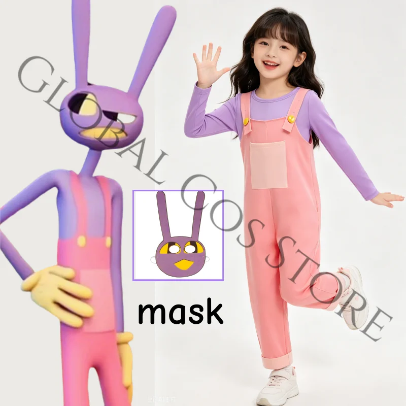 

Jax Pink Purple Outfit Cosplay Costumes Children Casual Overalls with Pocket Buttons Rabbit Mask Set Game The Amazing Digital