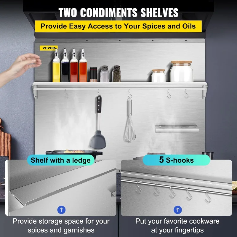 VEVOR Range Backsplash with Shelf 36 x 30.7 Inch Range Hood Wall Shield, Stainless Steel Backsplash Silver Splash Plate