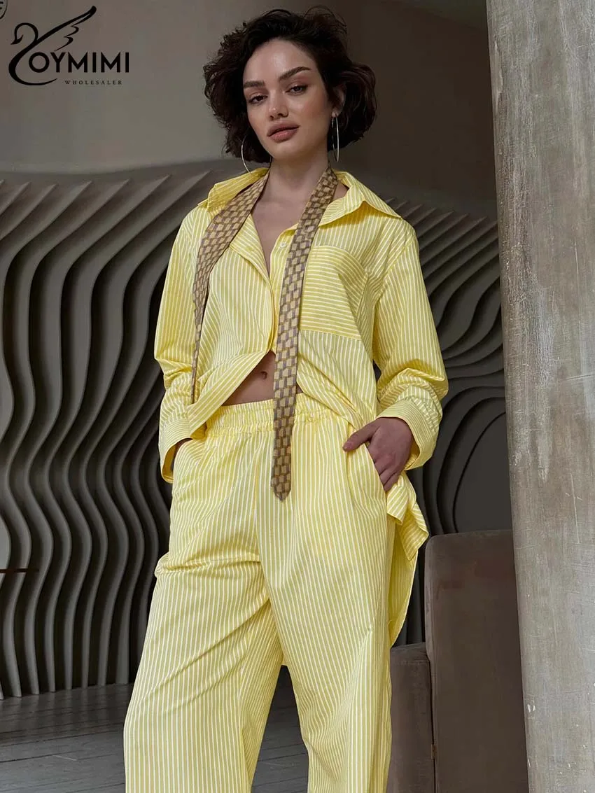 Oymimi Casual Yellow Cotton 2 Piece Sets Women Outfit Fashion Lapel Long Sleeve Button Shirts + High Waist Straight Trousers Set