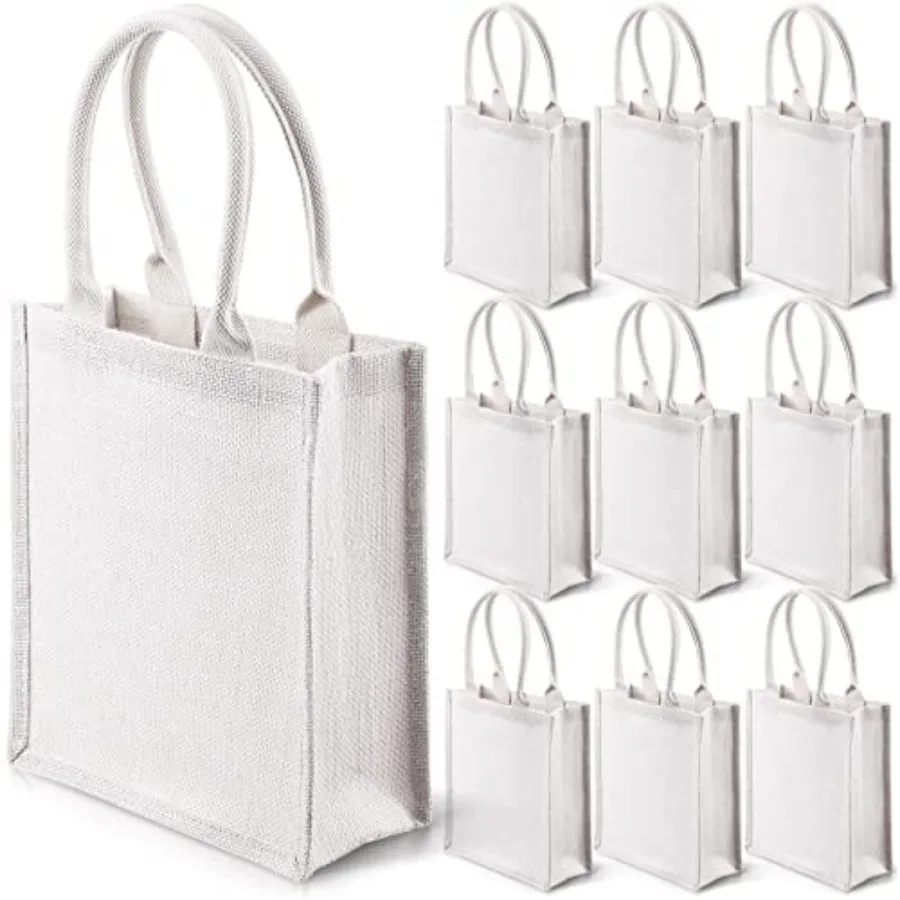 

10 Pcs Burlap Tote Bags Burlap Gift Tote with Handles Reusable Beach Bridesmaid Welcome Bags for DIY Wedding Shopping Pool Part
