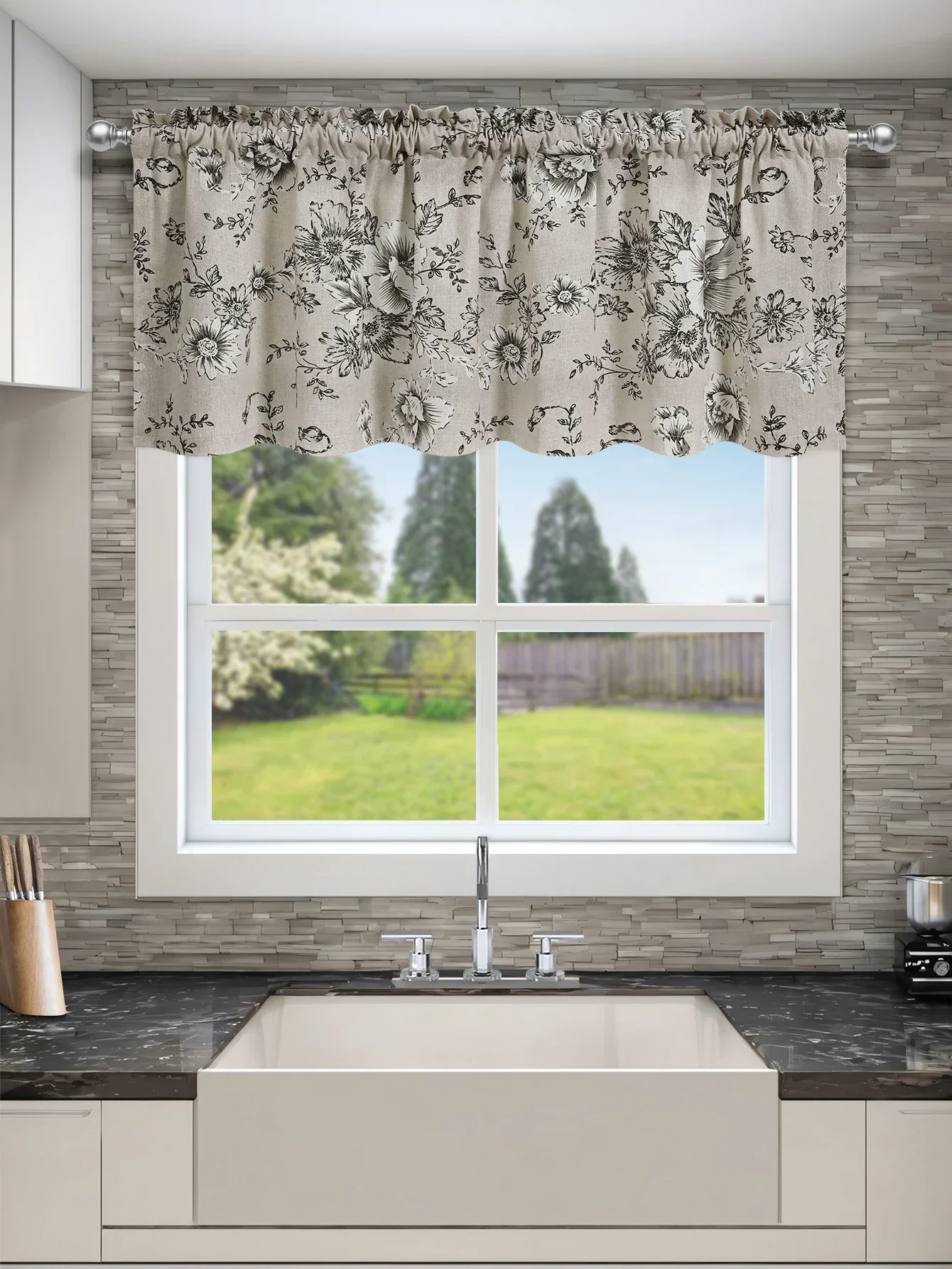 1pc Small Window Curtains for Bedroom Short Curtain for Bathroom Living Room, Peony Print Through Rod Blackout Curtains (95%)