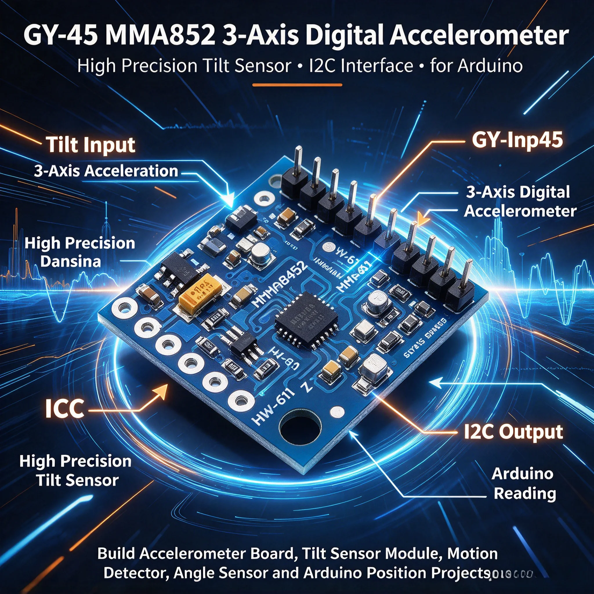 100Pcs GY-45 MMA8452 3-Axis Digital Accelerometer High Precision Tilt Sensor Module I2C for Arduino