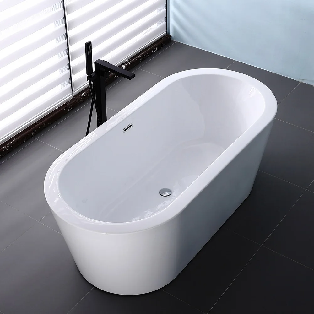 Free Standing 1.5m/1.7m White Acrylic Oval  Soaking Whirlpool Tub with Overflow Indoor Portable Hot Tub for Bathroom Use