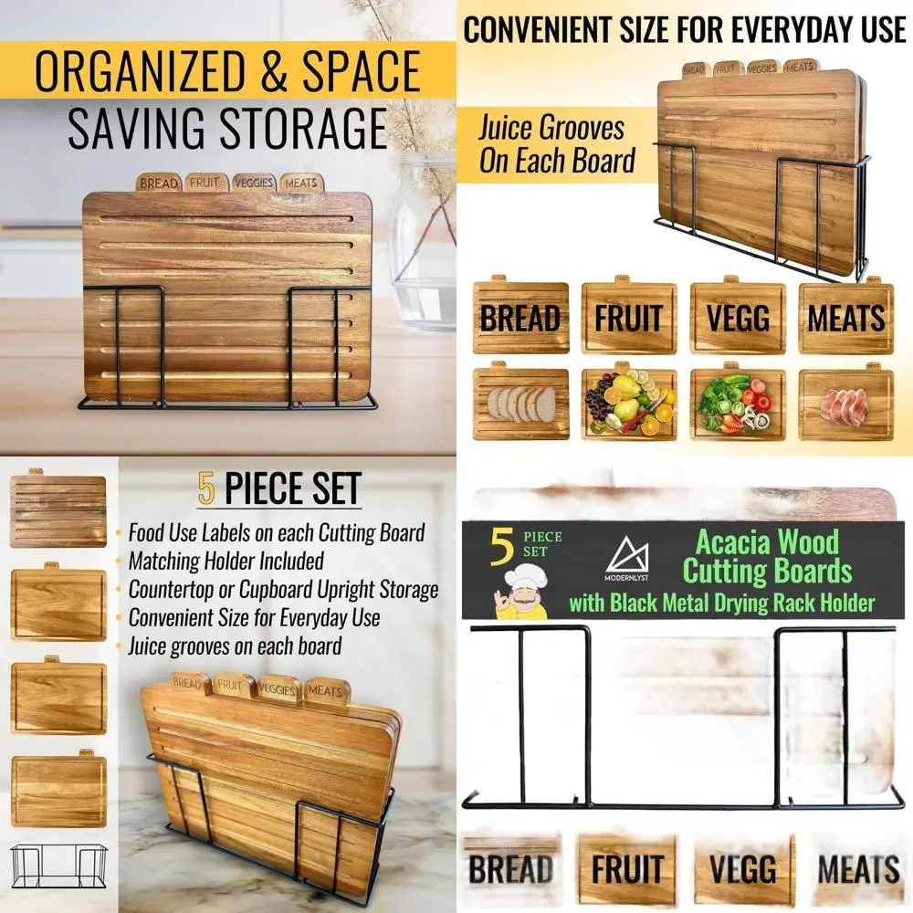 

Large 13 x 11 Wooden Cutting Board Set with 4 Boards and Black Stand | Non-Toxic, Labeled Kitchen Accessories