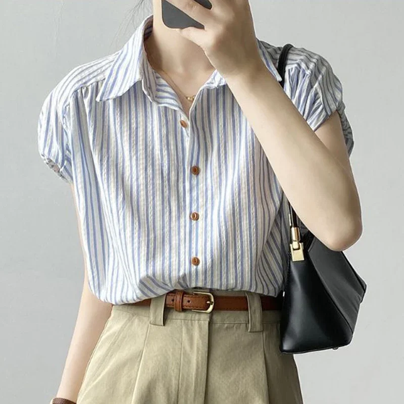 Women\'s Clothing 2024 New Summer Trendy Vintage Simple Button Up Shirt Lapel Striped Print Blouse Casual Short Sleeve Loose Tops