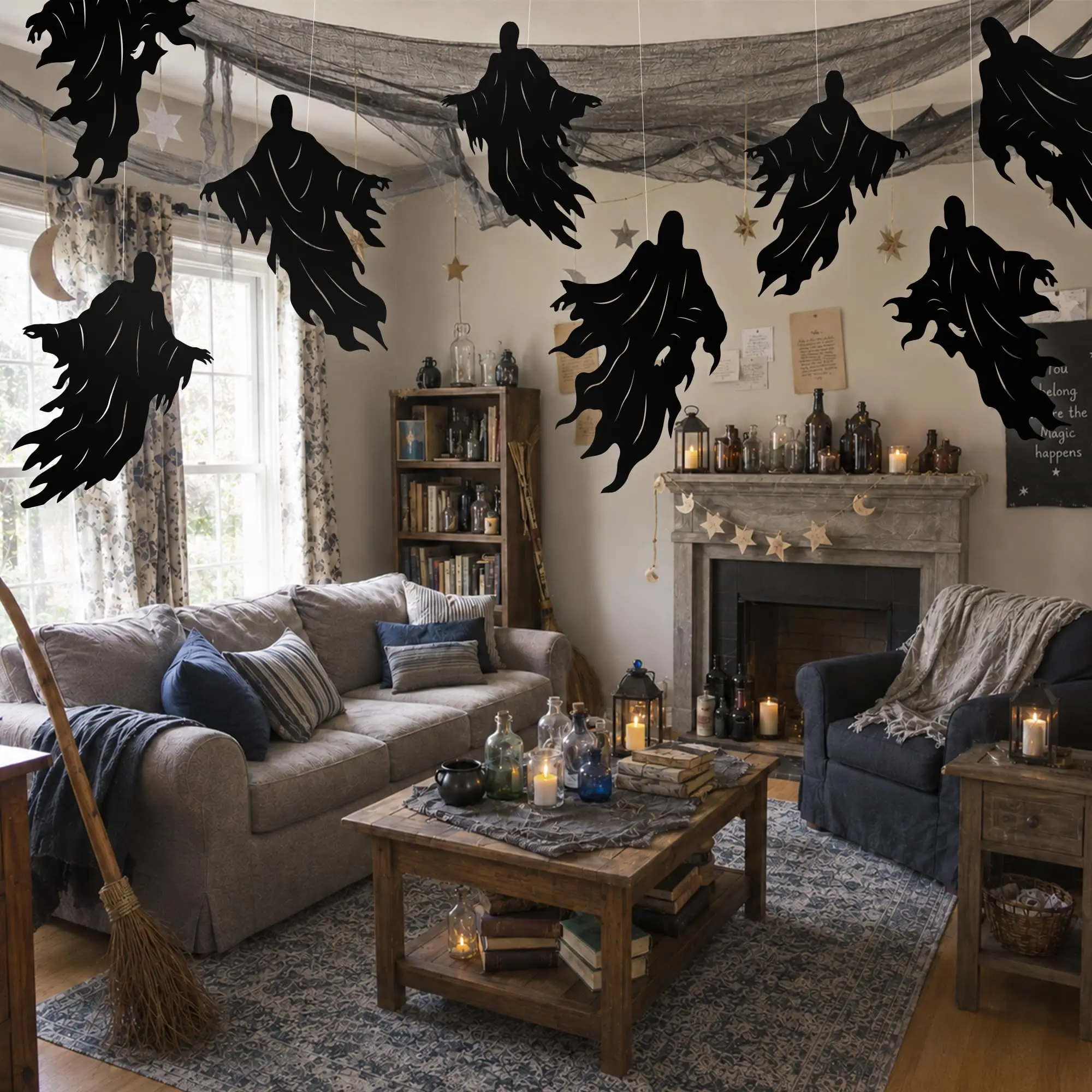 Halloween Schwarze Schwebende Geister-Papieraufkleber Hängende Silhouetten-Deko Gruselige Decken- und Fensterdekoration für Spukhaus-Party – Detail 3