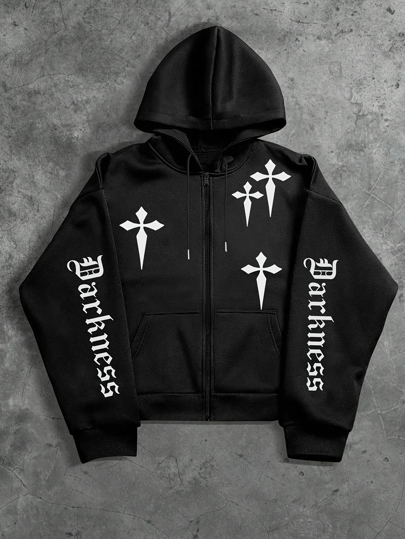 Langärmelige, lockere Sweatshirt-Jacke mit Reißverschluss für Damen und Herren, mit Buchstaben- und Kreuz-Prints, aus warmem und bequemem Stoff. – Detail 3