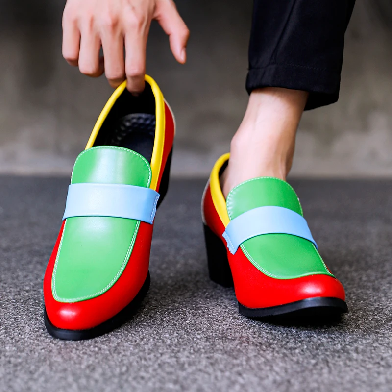 

Color Block Cuban Heel Men's Loafers Ugly Clown Shoes Leisure British Style Flat Bottom Shoes round Toe Rubber Outsole Casual