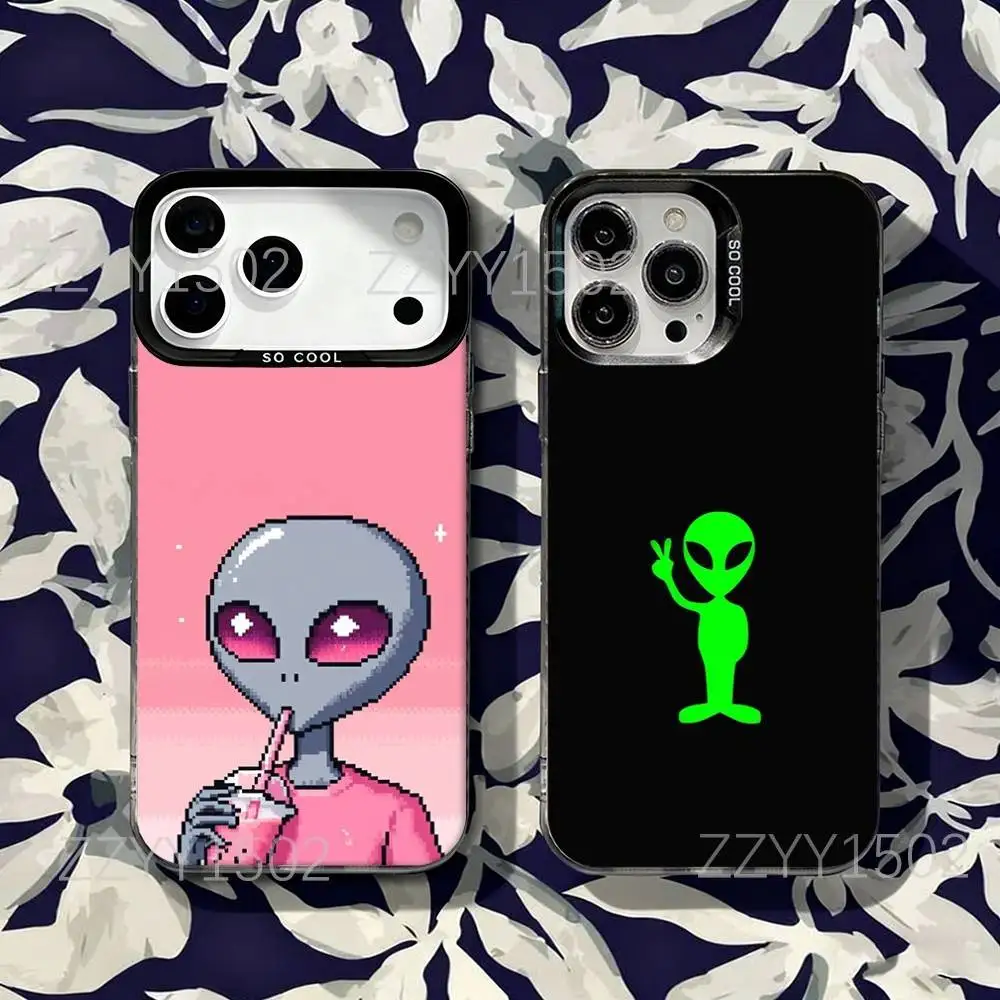

Space Alien UFO Cartoon Phone Case For iPhone 17,16,15,14,13,12,X,8,Pro,Max,Plus,SE4,Air,Mini HD Black IMD Matte