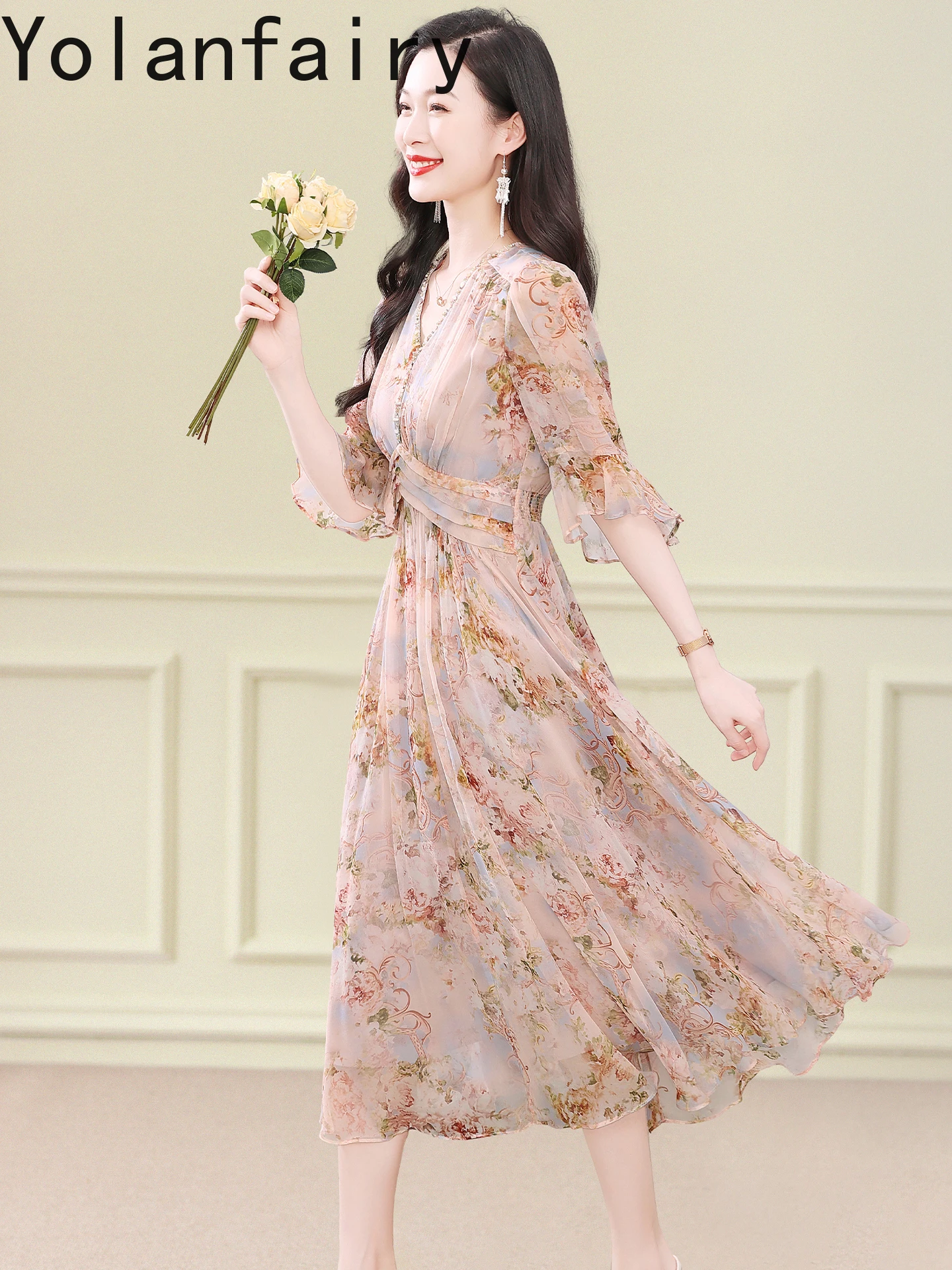 YOLANFAIRY 100%Natural Mulberry Silk Dress Women French Gentle Style V-neck Printed Dress Elegant Birthday Dresses Woman Vestido