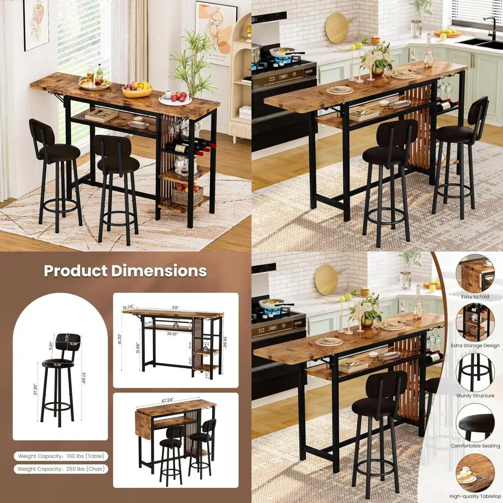 

59 Counter Height Dining Set with Expandable Table, Bar Table and Chairs, Small Kitchen Bar with Wine Storage, Breakfast Nook fo
