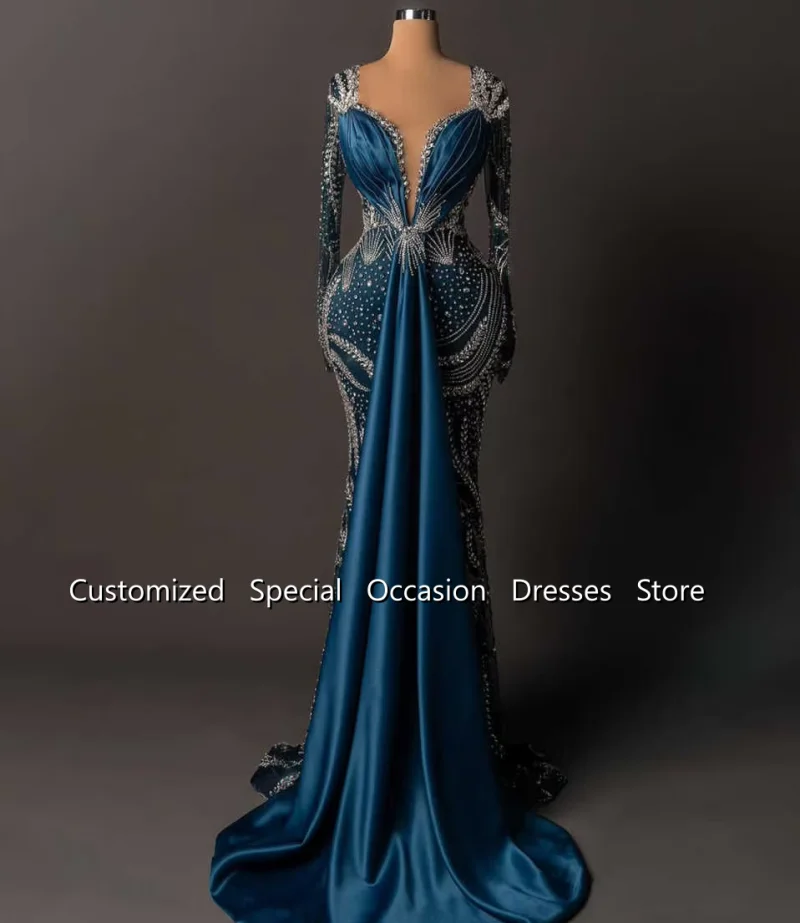 Generous Blue Evening Gown Capped Long Sleeves Diamonds Stain Charming Formal Wedding Party Dresses Girl Prom Dress Customized