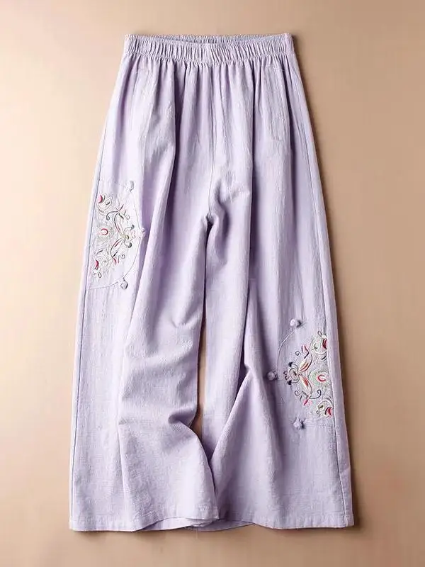 Summer Cotton Linen Casual Pants Women's Thin Embroidered Wide Leg Nine Point Slimming High Waist Commute Style Artistic