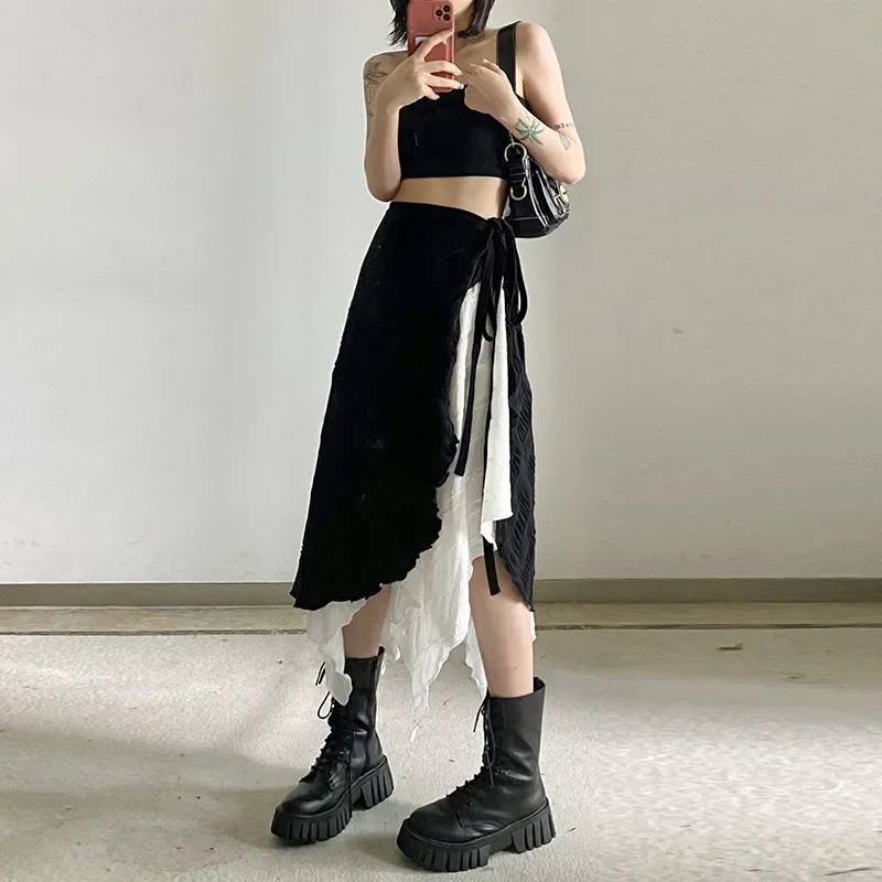 Harajuku Punk Style Skirts for Women, High Waist Splicing, Irregular Gothic Skirt, Black and White Streetwear, Lace Up, Fashion