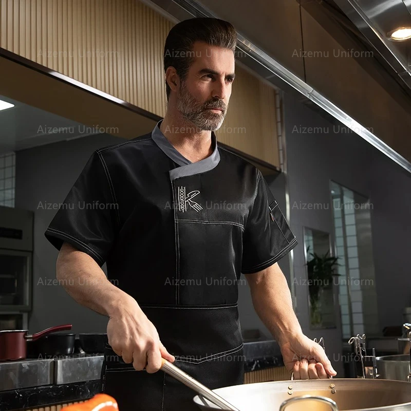 男性シェフ制服半袖黒と白通気性シェフシャツレストランキッチンシェフジャケットエプロン作業服女性