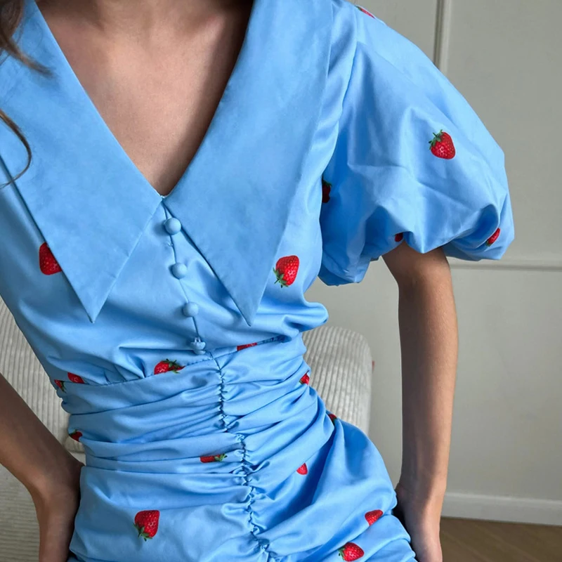 

Sweet Strawberry Print Slim Bodycon Hips Dress Women Spring Lapel Neck Buttons Mini Dress Summer Puff Short Sleeve Party Dresses