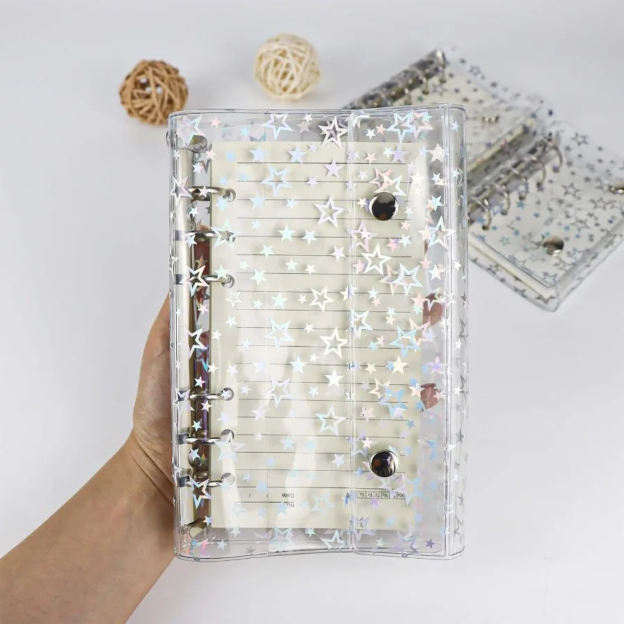 A6 Budget Binder Cover Clear PVC 6 Ring Binder Glitter  Refillable Notebook Shell Protector with 2 Sps for Cash Envelopes Syste
