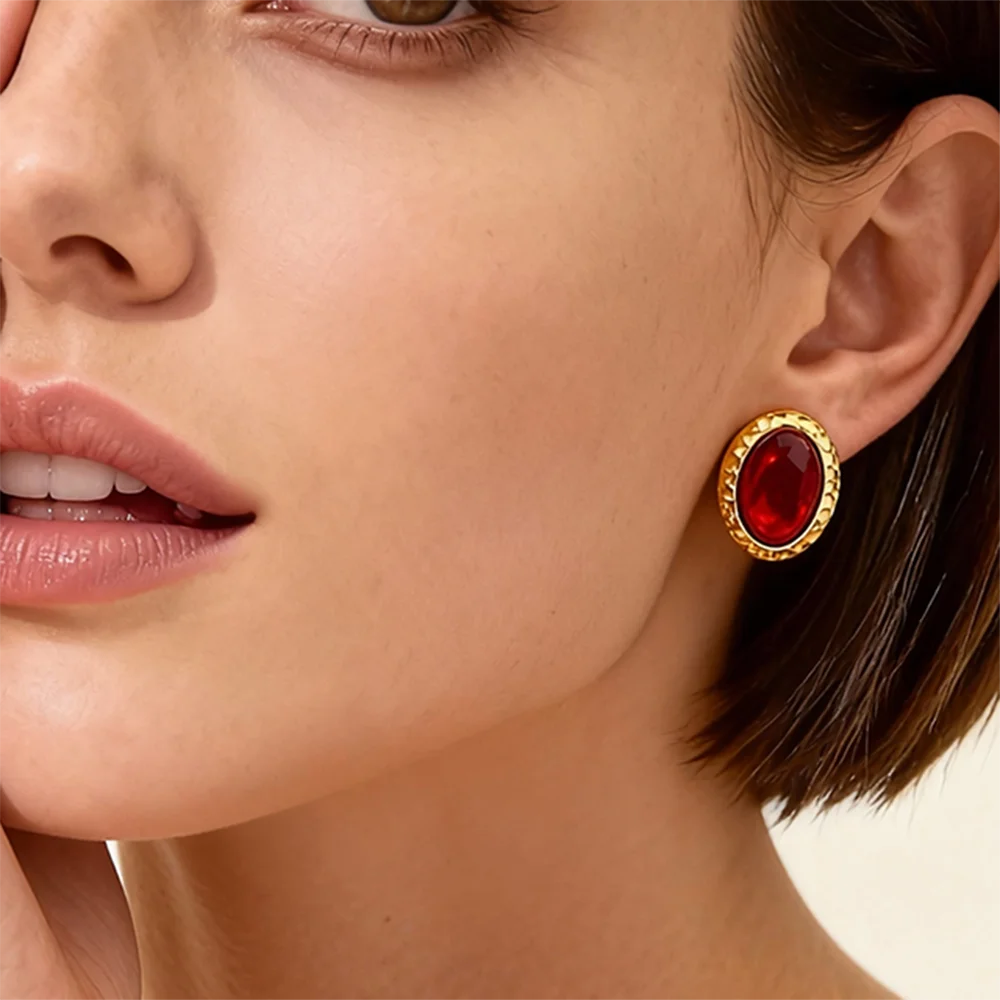 New Hammer Texture Natural Stone 18k Gold Plated Stainless Steel Earrings Woman Waterproof Fashion Jewelry Accessories Gifts