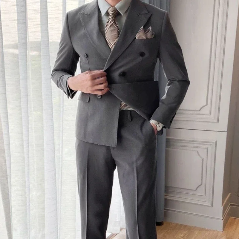 Business Formal Korean 2 Piece Outfit Set Man Dress Full Suit for Men Fashion Classic Trends Costumes Clothing Gentleman Blazer