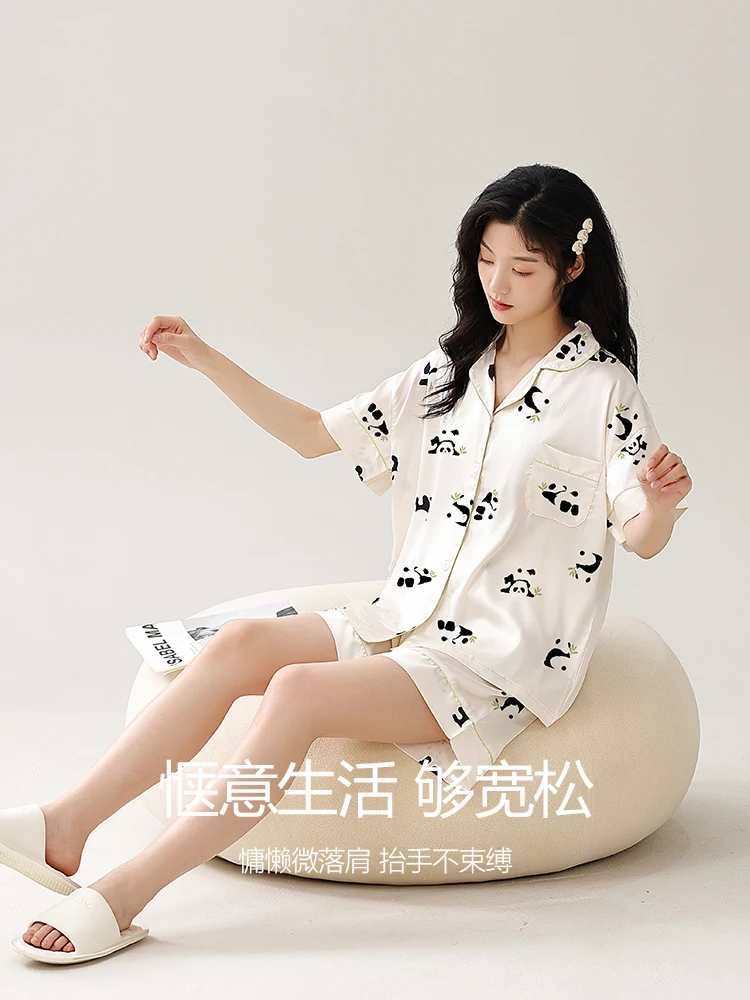 M-5XL summer cool ice silk cute panda print shorts short sleeve Two-piece set women new turn-down collar sweet loose loungewear