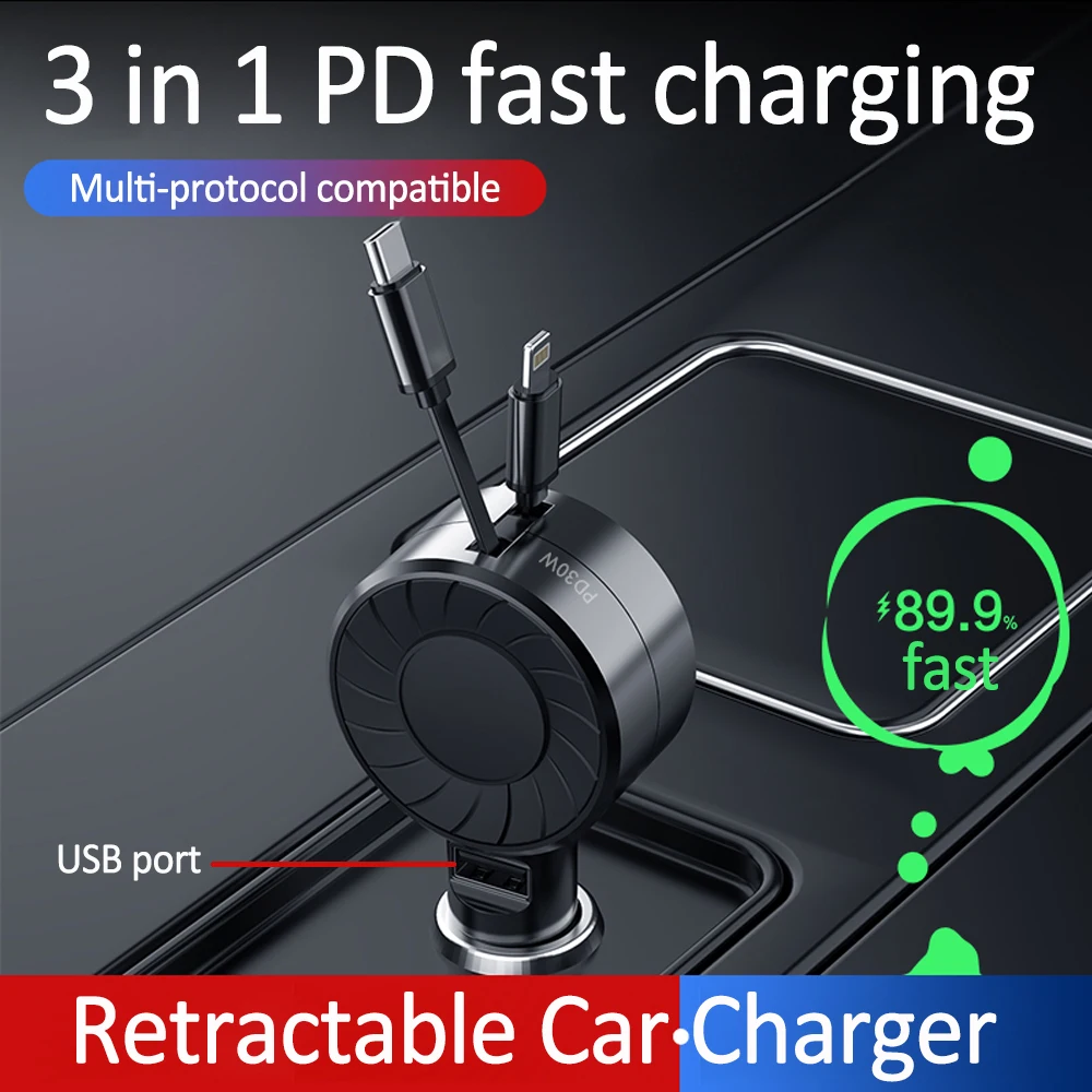 

100W Retractable Car Charger, 3 in 1 Fast Car Charger, Retractable Cables and 1 USB Ports Small Car Charger Adapter